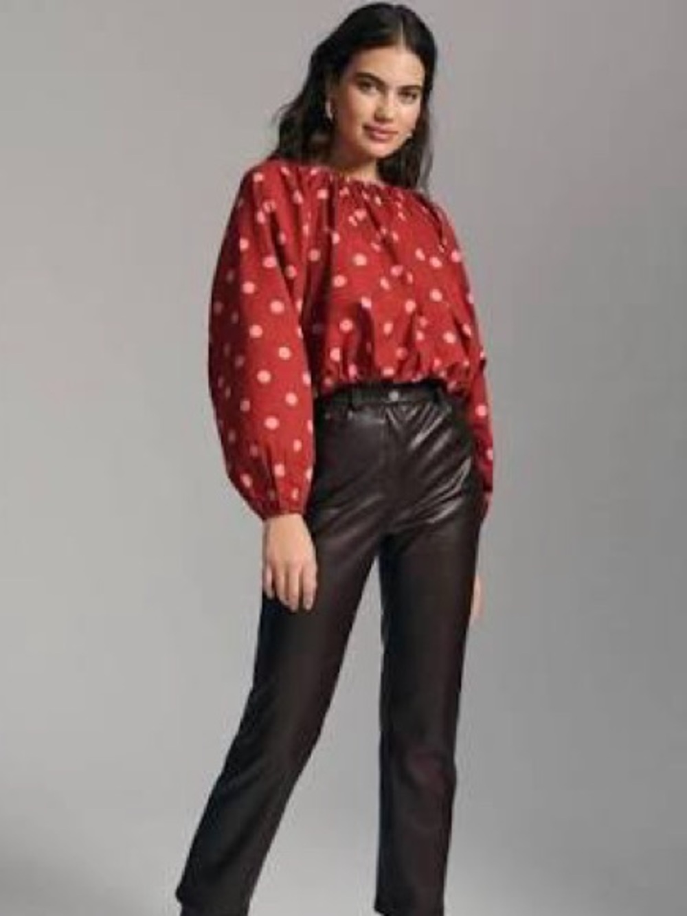Maeve by Anthropologie Poplin Polka Dot Long Sleeve Cropped  Bubble Top Size M